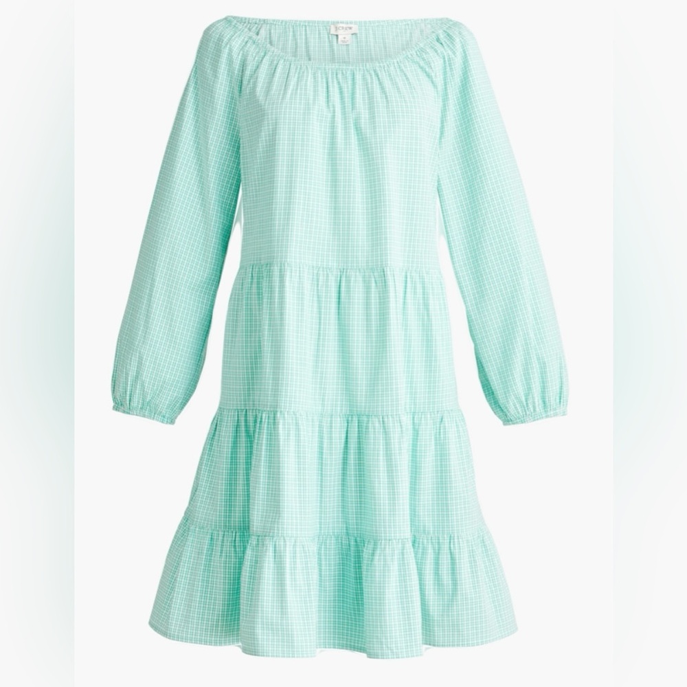 J Crew Factory Women’s Medium Green Gingham Cotton Blend Spring Tiered Dress - Picture 3 of 15